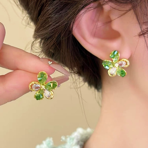 14K Gold-plated Zircon Crystal Flower Earrings