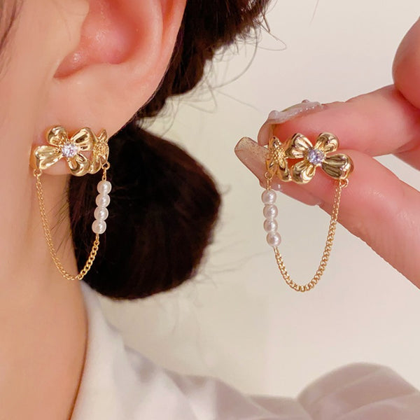14K Gold-plated Zircon Flower Chian Earrings