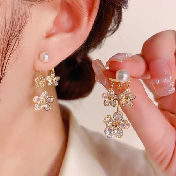 14K Gold-plated Zircon Flower Pearl Earrings