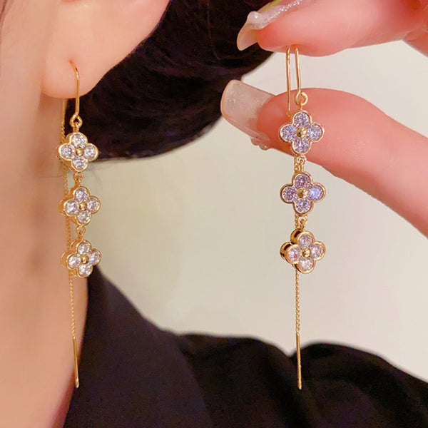 14K Gold-plated Zircon Flower Threader Earrings