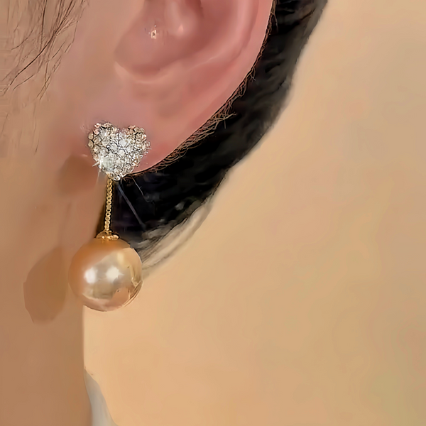 14K Gold-plated Zircon Heart Pearl Earrings