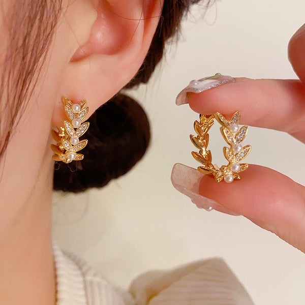 14K Gold-plated Zircon Wheat Pearl Earrings