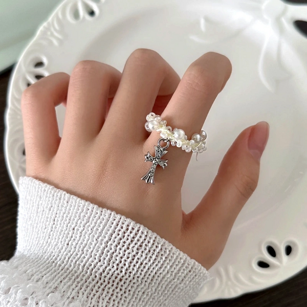 14K Gold Plated Adjustable Bead Zircon Diamond Cross RIngs