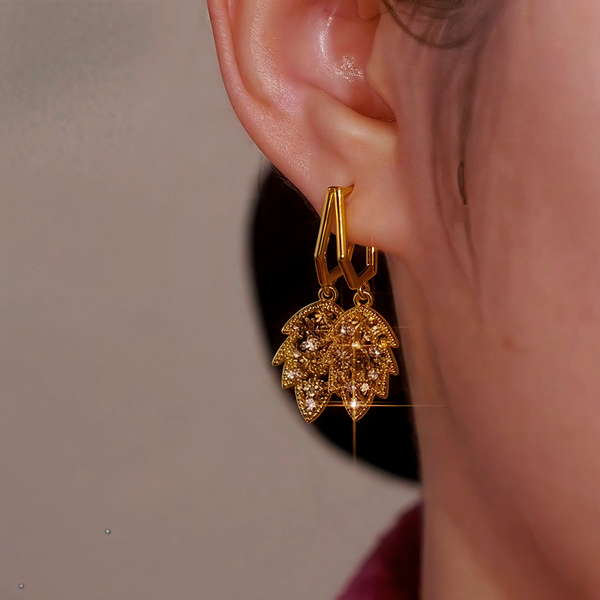 14K Gold Plated Brown Diamond Leaf Earrings