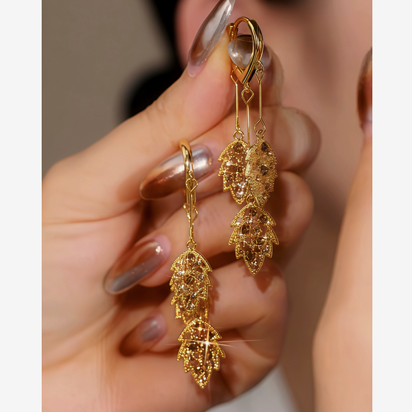 14K Gold Plated Brown Zircon Wheat Tassel Earrings