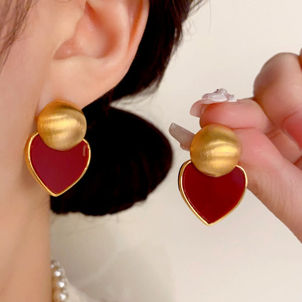 14K Gold Plated Brushed Red Plate Love Heart Earrings