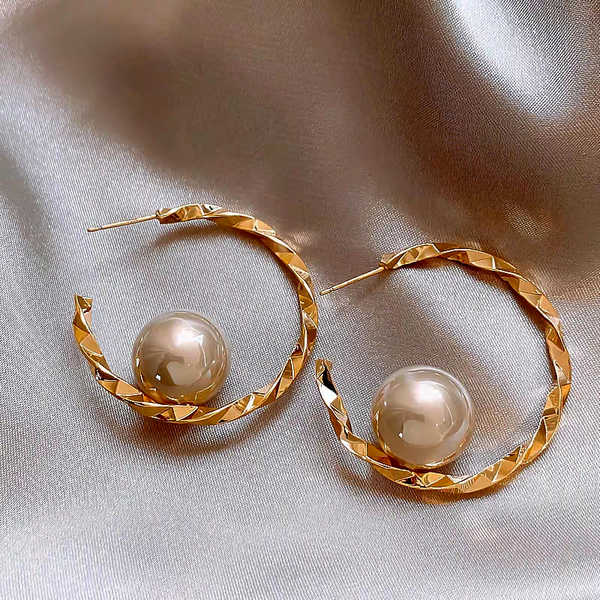 14K Gold Plated C-Shaped Twisted Pearl Earrings