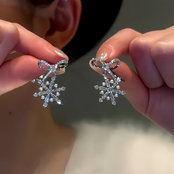 14K Gold Plated Christmas Zircon Snowflake Bow Earrings