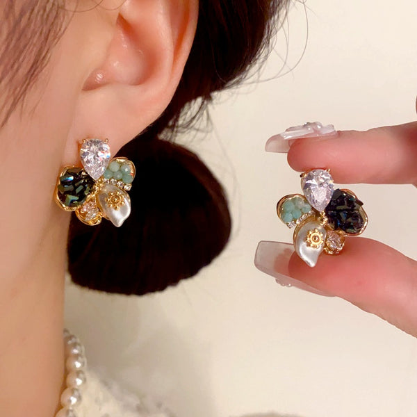 14K Gold Plated Colorful Diamond Flower Earrings