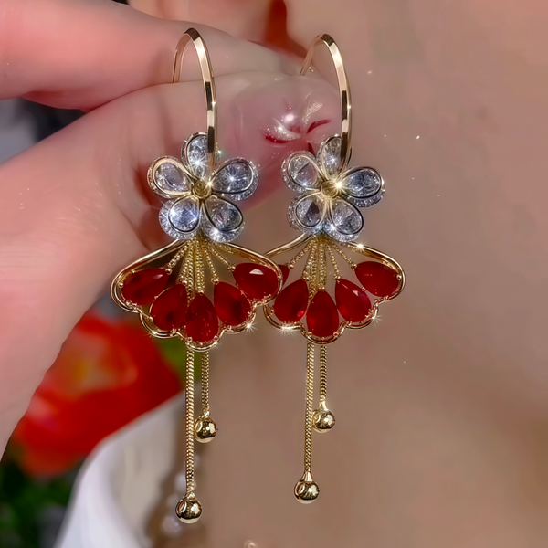 14K Gold Plated Diamond-Studded Ginkgo Flower Earrings