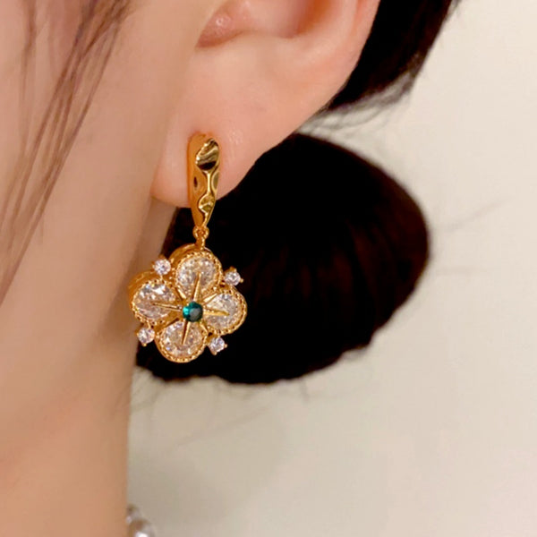 14K Gold Plated Diamond Star Four-Leaf Flower Earrings