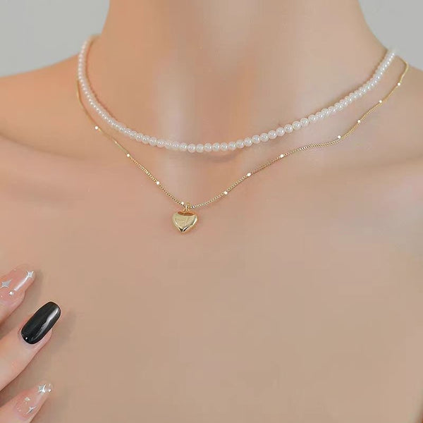 14K Gold Plated Double Layer Heart And Pearl Necklaces
