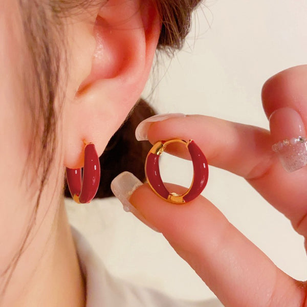 14K Gold-plated Elegant Burgundy Hoop Earrings