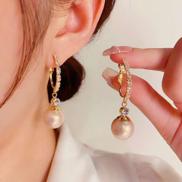 14K Gold-plated Exquisite Zircon Pearl Earrings