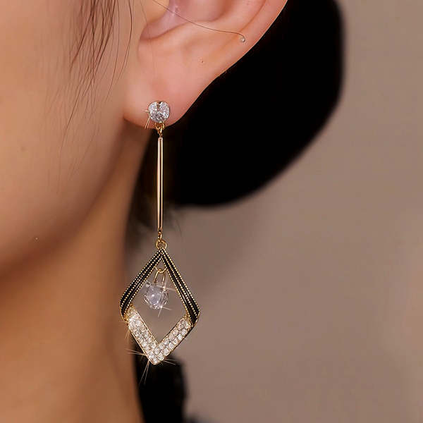 14K Gold Plated Geometric Rhombus Crystal Earrings