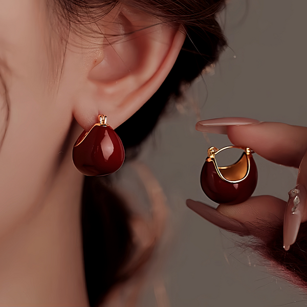 14K Gold Plated Glaze Wine Red Basket Earrings