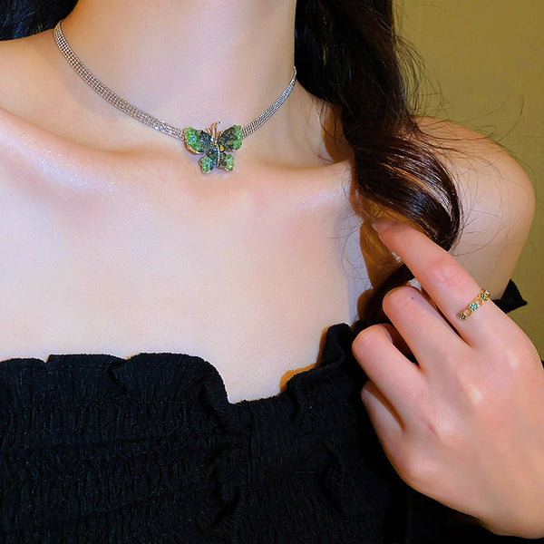 14K Gold Plated Green Crystal Butterfly Necklaces