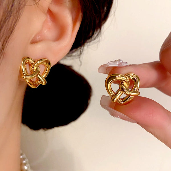 14K Gold Plated Knotted Love Heart Stud Earrings