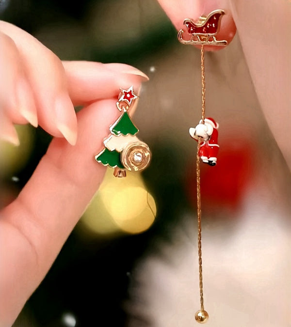 14K Gold Plated New 2024 Christmas Asymmetrical Rotating Snowflake Christmas Tree Earrings