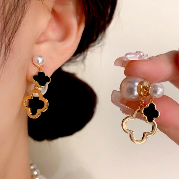 14K Gold Plated Pearl Four-Leaf Flower Front And Back Earrings