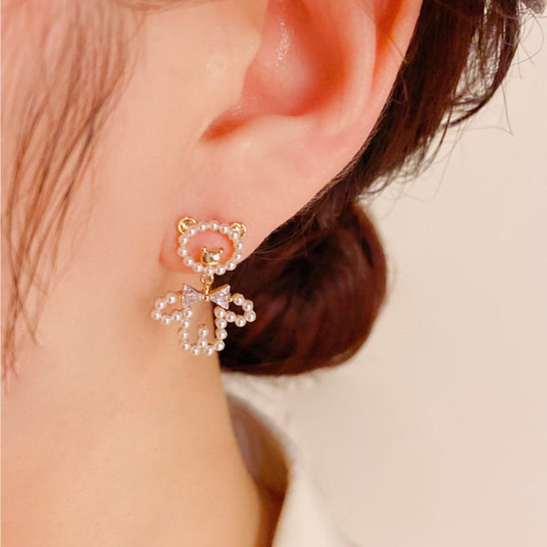 14K Gold-plated Pearl Hollow Bear Earrings