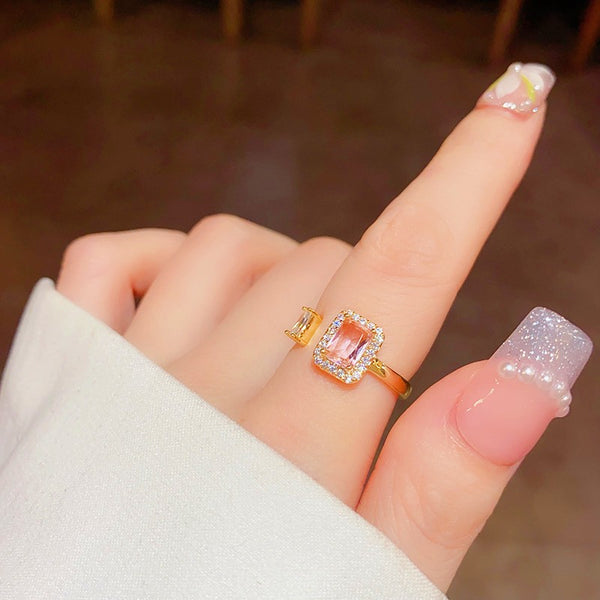 14K Gold Plated Pink Square Diamond Open Rings