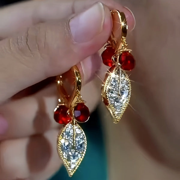 14K Gold Plated Red Diamond Zircon Leaf Earrings