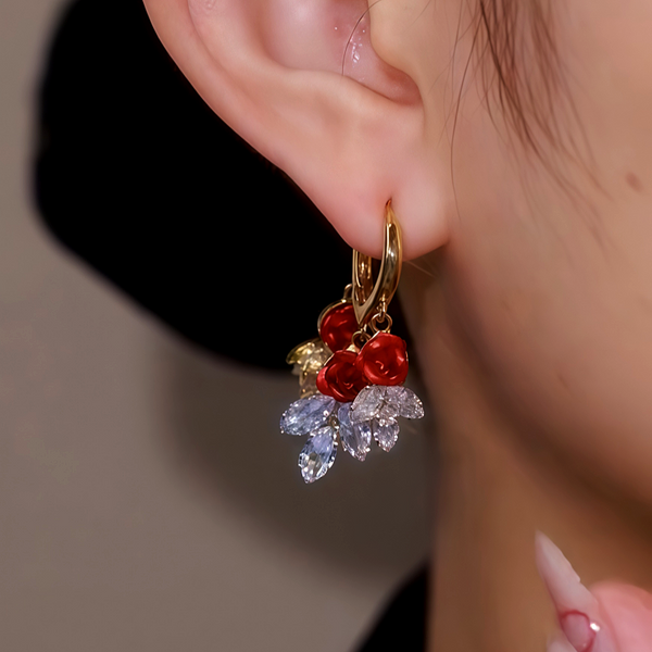 14K Gold Plated Red Rose Crystal Leaf Earrings