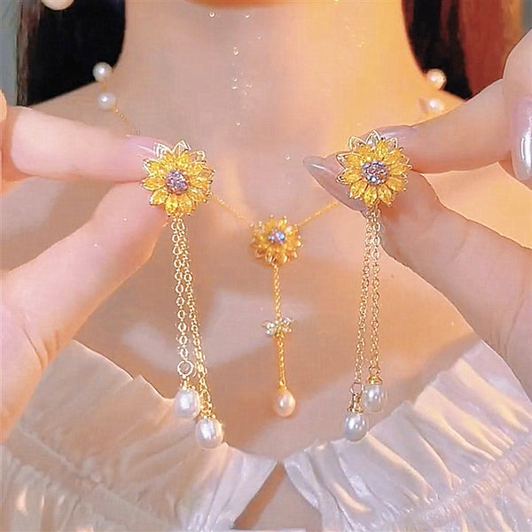 14K Gold Plated Rotating Daisy Sunflower Pearl Earrings Necklace And Ring Sets