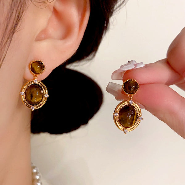 14K Gold Plated Tiger Eye Stone Oval Earrings