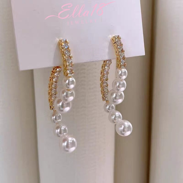 14K Gold Plated Zircon Arc-Shaped Pearl Earrings