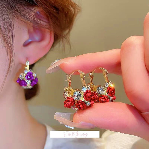 14K Gold-Plated Zircon Rose Flower Earrings