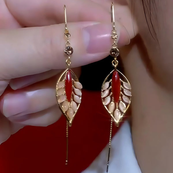 14K Gold Plated Zircon Cat's Eye Leaf Tassel Threader Earrings