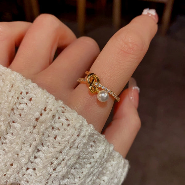 14K Gold Plated Adjustable Zircon Cross Pearl Open Rings