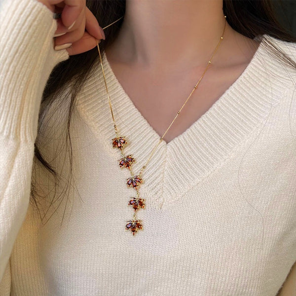 14K Gold Plated Zircon Crystal Red Maple Leaf Necklaces