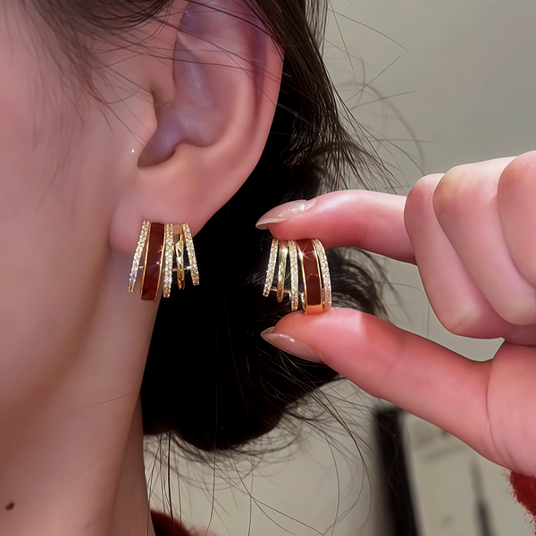 14K Gold Plated Zircon Drip Glaze Multi-Layer C-Shaped Earrings