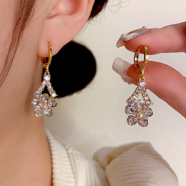 14K Gold Plated Zircon Flower Earrings