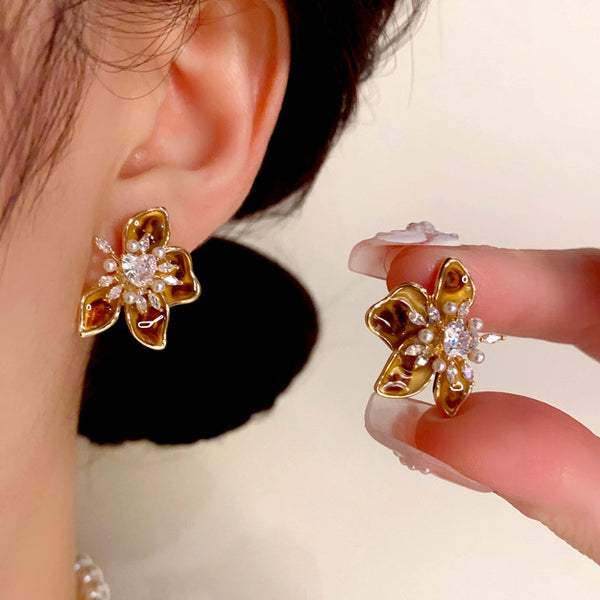 14K Gold Plated Zircon Flower Stamen Earrings