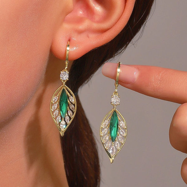 14K Gold Plated Zircon Green Leaf Earrings