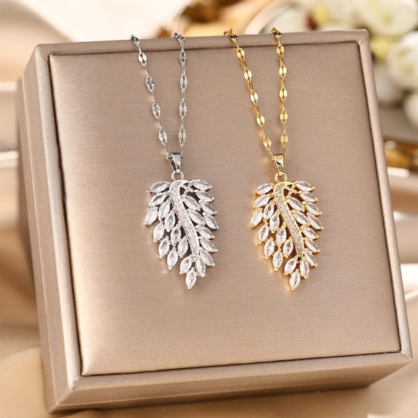 14K Gold Plated Zircon Leaf Necklaces