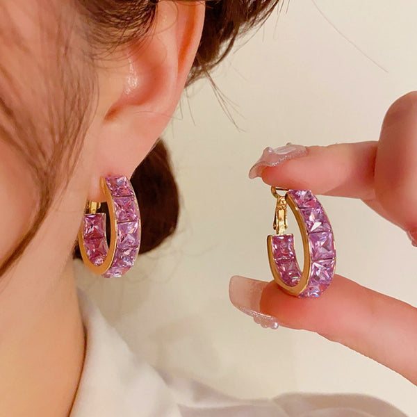 14K Gold Plated Zircon Purple Hoop Earrings