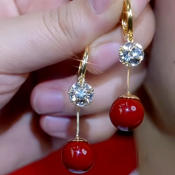 14K Gold Plated Zircon Red Bead Earrings