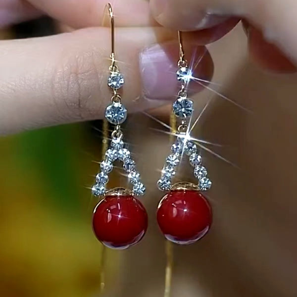 14K Gold Plated Zircon Red Pearl Threader Earrings