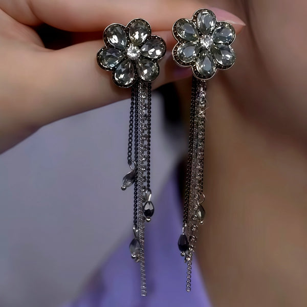 14K Gold-Plated Zircon Diamond Flower Tassel Earrings