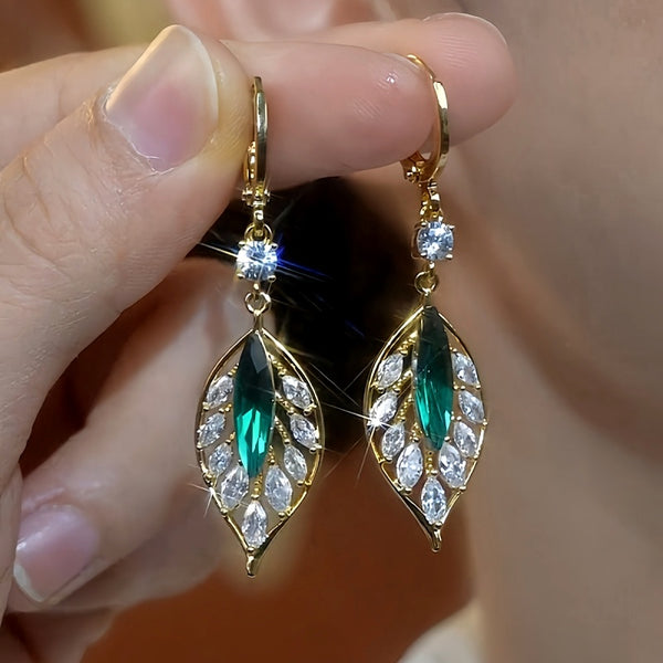 14K Gold Plated Zircon Green Leaf Earrings