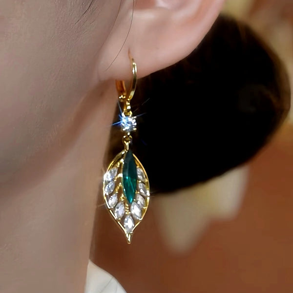 14K Gold Plated Zircon Green Leaf Earrings