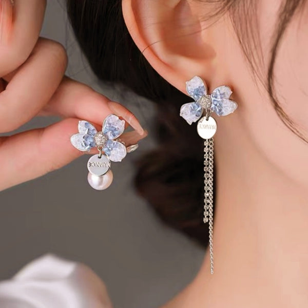 14k Gold-Plated Crystal Blue Flower Earrings