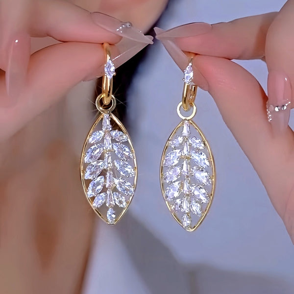 14k Gold-Plated Elegant Diamond Leaf Earrings