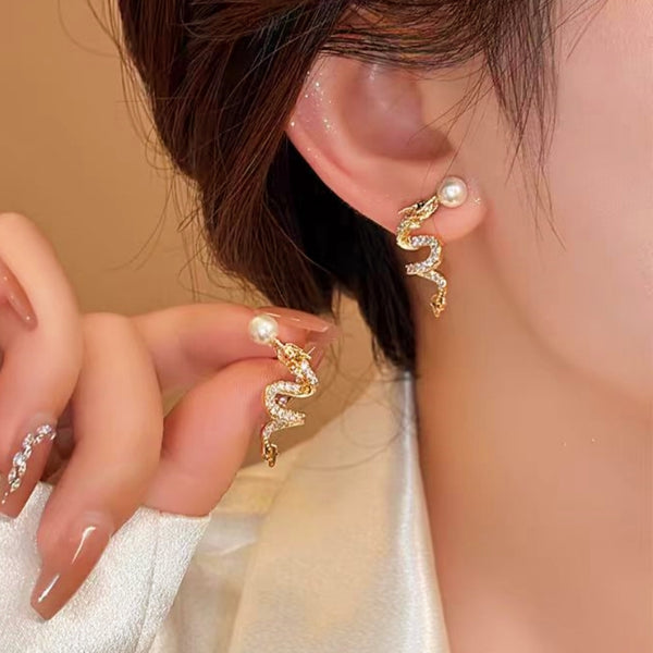 14k Gold-Plated Elegant Dragon Soaring Pearl Earrings