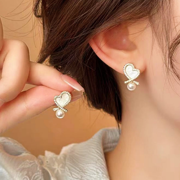 14k Gold-Plated Elegant Heart-Design Pearl Earrings